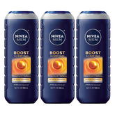 NIVEA MEN Boost bottle with citrus scent for an energized morning rinse.