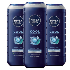 NIVEA MEN Cool Body Wash bottle front with icy menthol scent for refreshed skin.
