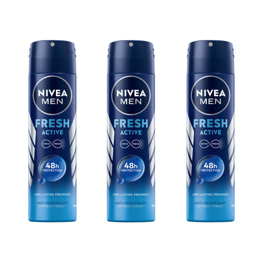 NIVEA MEN Fresh Active Deodorant Spray 150ml pack3 offers long-lasting freshness and odor protection.