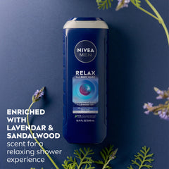 Close-up of lavender-sandalwood scent on NIVEA MEN Relax bottle