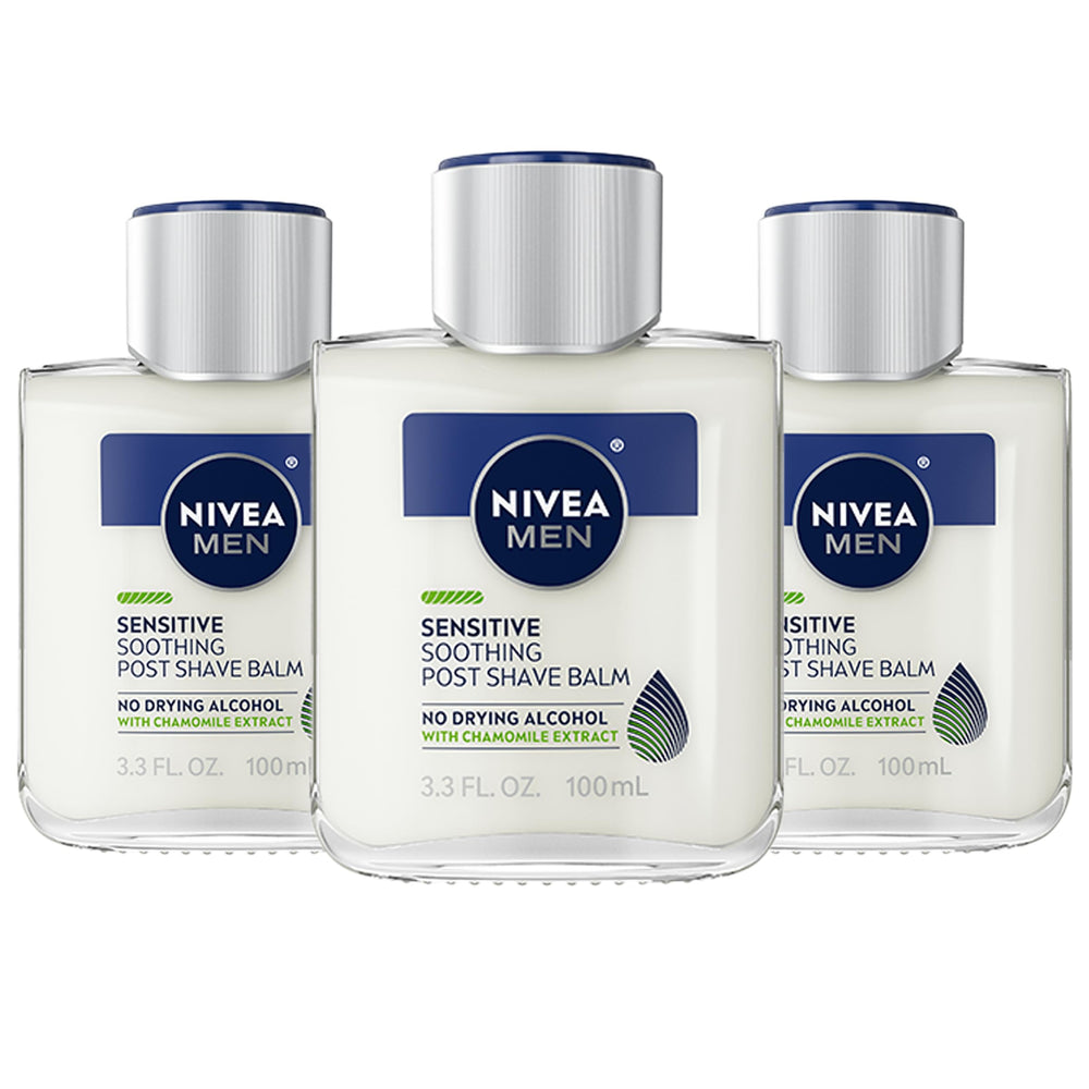 NIVEA MEN Sensitive Post Shave Balm bottle front showing alcohol-free formula for sensitive skin