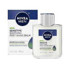 NIVEA MEN balm label closeup showing Vitamin E and Chamomile for calming hydration