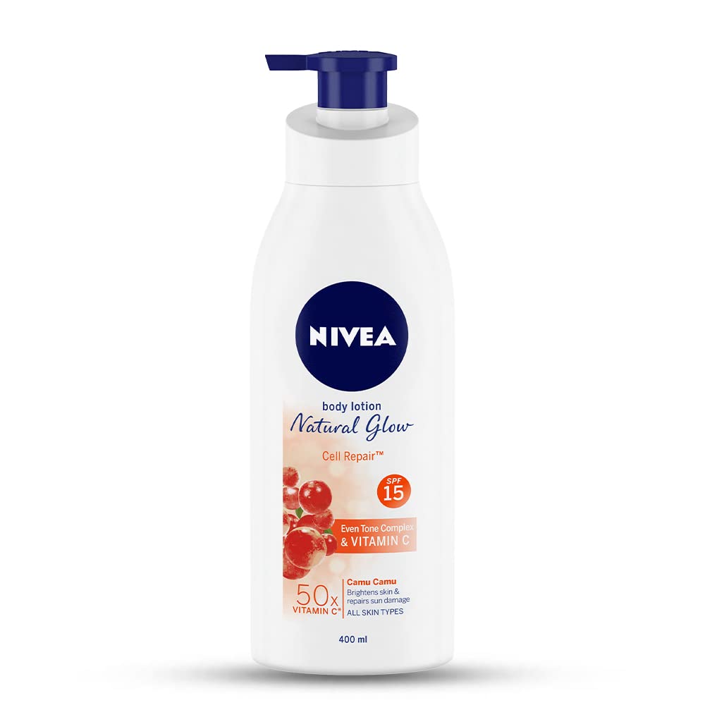 NIVEA Natural Glow Cell Repair bottle front shows 13.52 oz size for daily moisture.