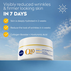 NIVEA Q10 Plus Day Cream texture close-up shows creamy, fast-absorbing formula.