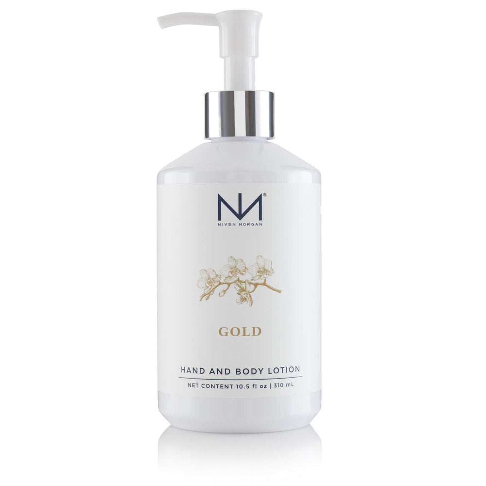 Niven Morgan Gold Hand and Body Lotion closeup highlighting velvety texture for nourished skin.