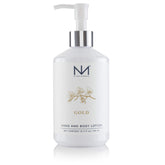 Niven Morgan Gold Hand and Body Lotion closeup highlighting velvety texture for nourished skin.