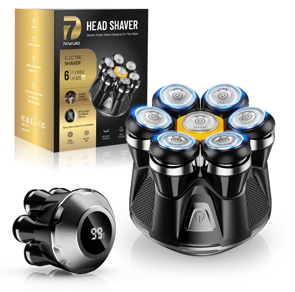NIWUIO head shaver with 7D floating heads for a close scalp and facial shave.