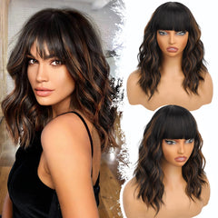 Nnzes black mixed brown wig with bangs in 16 inches for versatile daily styling.