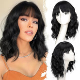 Nnzes Black Wavy Wig with Bangs 16in, lightweight daily wear.