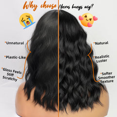 Nnzes Black Wavy Wig with Bangs gradient color close-up reveals depth.