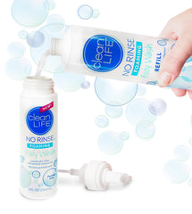 No-Rinse foam-cleanser-application demonstrates rinse-free cleansing during travel.