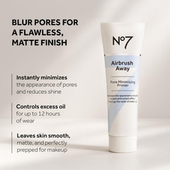 No7 Airbrush Away primer matte finish demonstrates oil-free shine control for oily skin.