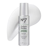 No7 Future Renew serum bottle close-up highlighting peptide technology for skin repair and radiance.