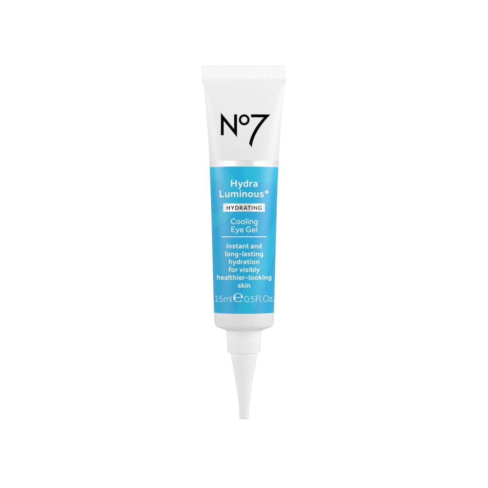 No7 HydraLuminous+ Cooling Eye Gel tube closeup showing refreshing hydration for tired eyes.