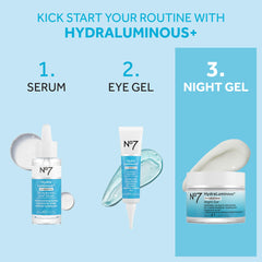 No7 HydraLuminous+ night gel application on face demonstrates a smooth, upward massage for hydration