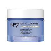 No7 Lift and Luminate night cream jar shows rich texture for overnight radiance and firming.