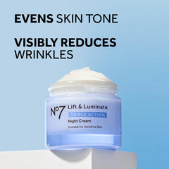 No7 Lift and Luminate texture closeup highlights creamy formula ideal for nightly skincare.