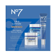 Packaging shot of the No7 Lift & Luminate 3-piece kit