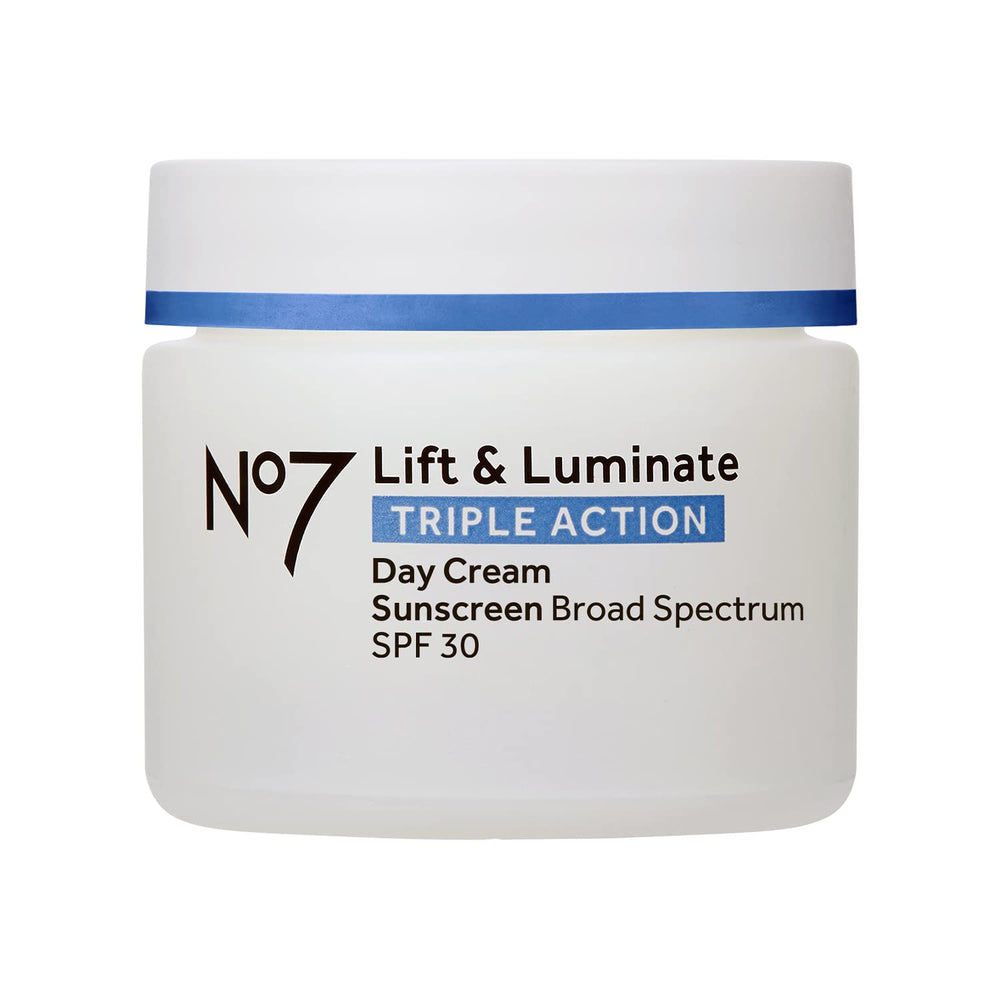No7 Lift & Luminate day cream jar front showing premium packaging and radiance potential.