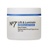 No7 Lift & Luminate day cream jar front showing premium packaging and radiance potential.