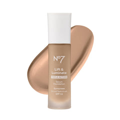 No7 Lift & Luminate foundation bottle showing dewy finish for mature skin