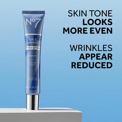No7 Lift and Luminate serum pump-dispense showcasing controlled, hygienic application.