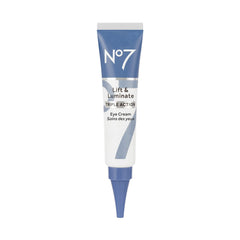 No7 Lift & Luminate under-eye cream bottle shown for targeted puffiness care.