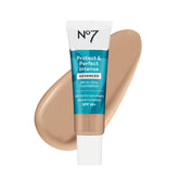No7 Protect & Perfect foundation warm beige bottle shows a hydrating base for a smooth complexion