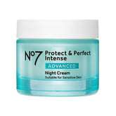 No7 Protect & Perfect Intense Night Cream bottle close-up highlighting anti-aging benefits