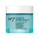 No7 Protect & Perfect Intense Night Cream fragrance-free packaging closeup shows rich cream for overnight hydration
