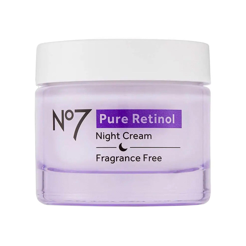 No7 Pure Retinol Night Cream jar closeup for overnight hydration and smoothing.