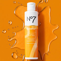 No7 Radiance+ Toner ingredients closeup shows vitamin C, willow bark, and aloe.