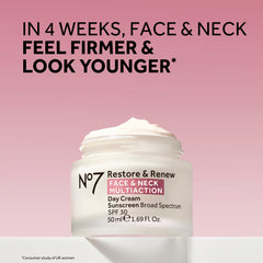 No7 Restore & Renew SPF 30 label close-up highlights anti-aging formula