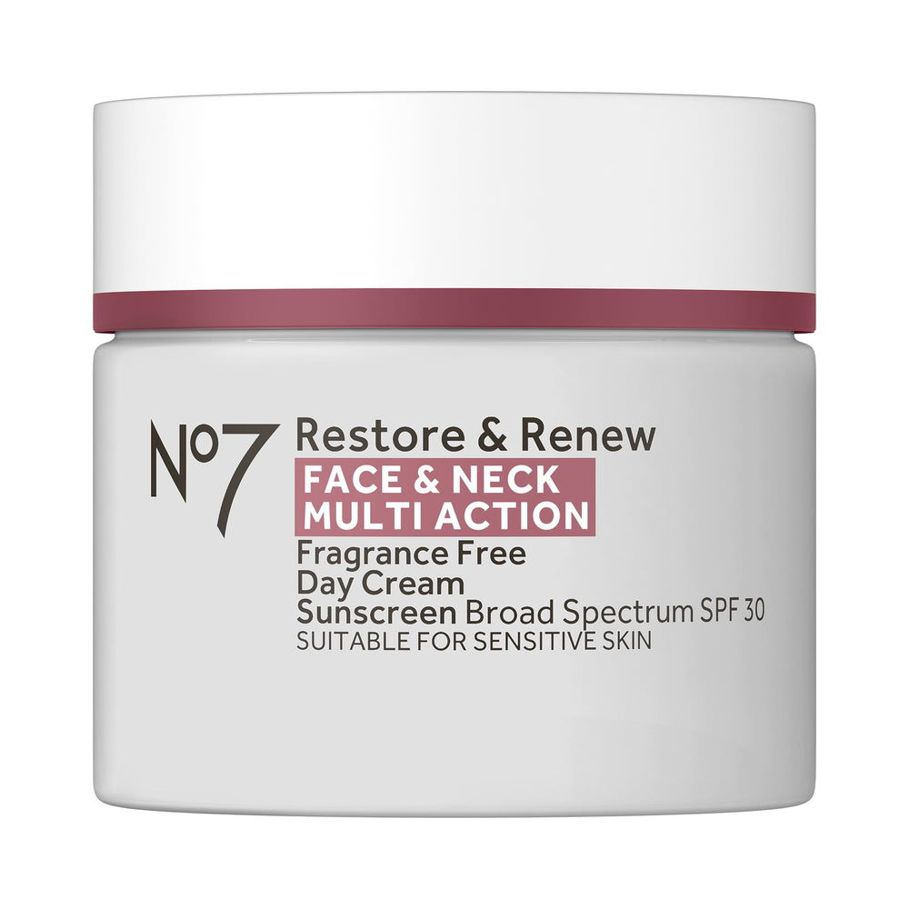 No7 Restore & Renew face-neck cream jar with SPF 30 protection hydrates daily.