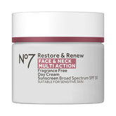 No7 Restore & Renew face-neck cream jar with SPF 30 protection hydrates daily.