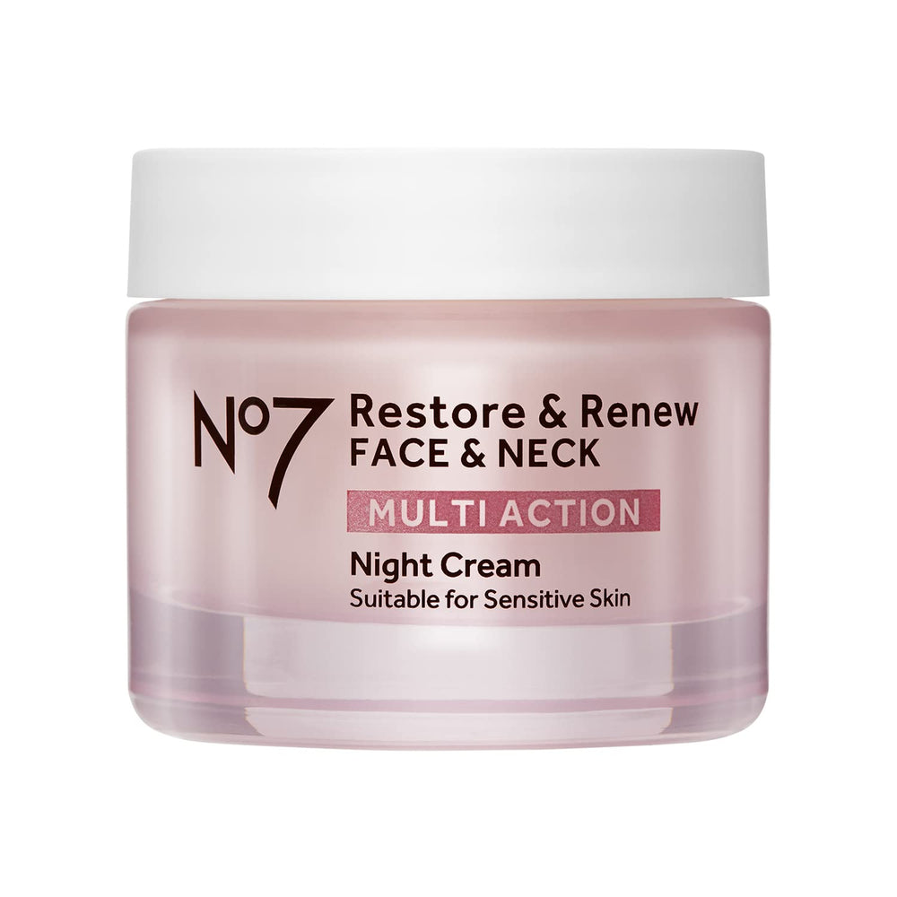 No7 Restore & Renew night cream jar close-up showing rich texture for overnight hydration.