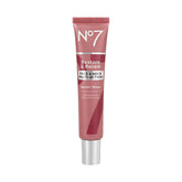 No7 Restore & Renew serum bottle close-up showing collagen-infused formula for firming mature skin.