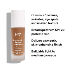 No7 Restore and Renew Serum Foundation SPF 20 bottle highlights daytime protection.