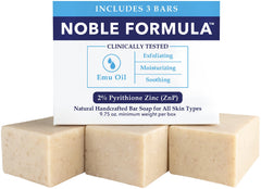 Noble Formula 2% ZnP Emu Oil Bar Soap packaging shows three bars for daily skin care.