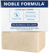 Noble Formula bar soap packshot highlighting 2% ZnP for daily cleansing.