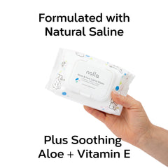 Nolla wipes detail highlighting natural saline formula safe around eyes and noses