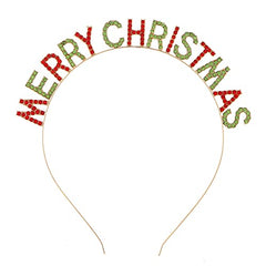 Noonhorse Merry Christmas headband closeup with red-green-gold rhinestones for festive sparkle.