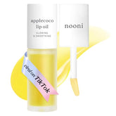 Nooni Applecoco Lip Oil bottle packaging highlights compact travel-friendly design.
