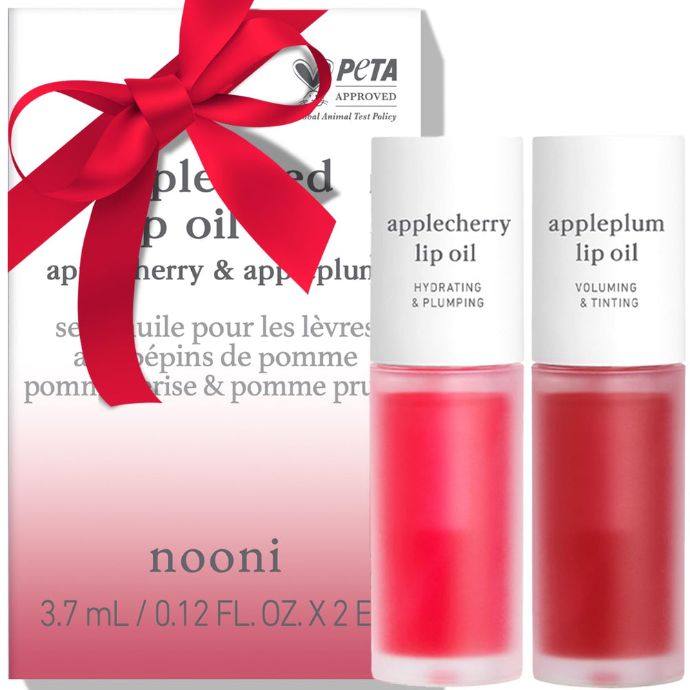 Nooni lip oil set Applecherry bottle close-up, silky hydration and hint of color