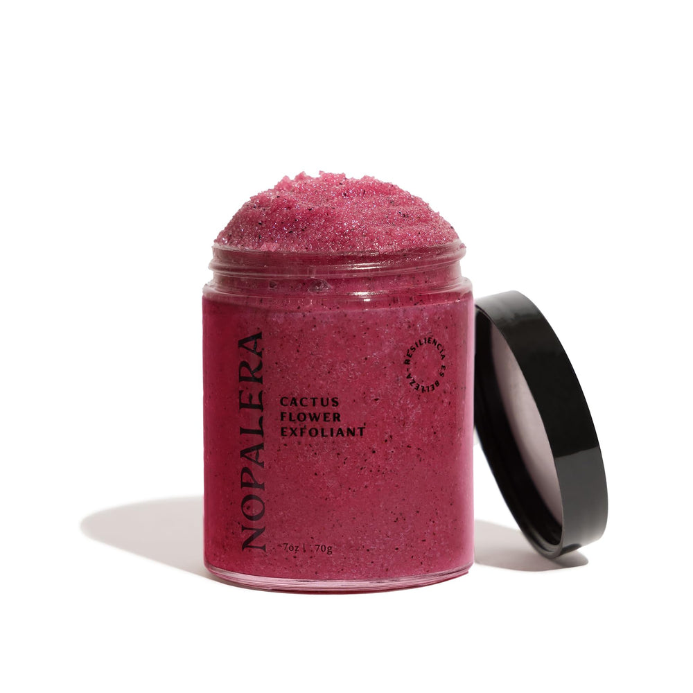 Nopalera Hibiscus Cactus Flower Exfoliant jar shows daily exfoliation with a compact 6 oz size
