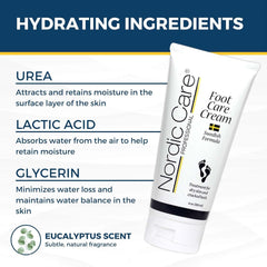 Nordic Care Foot Care Cream highlights urea and glycerin for moisturized skin.