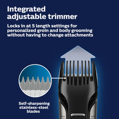 Norelco Bodygroom 7000 adjustable comb 3-11 mm for customizable length.