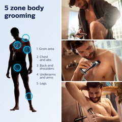 Norelco Bodygroom 7000 double grooming heads for combined trim and shave.