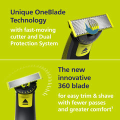 Norelco OneBlade 360 5in1 comb highlights versatile trimming from 1–5 mm.