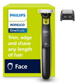 Norelco OneBlade 360 face blade close-up showing precise edging for sharp facial lines.